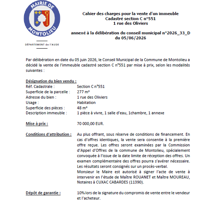 CAHIER DES CHARGES VENTE D&rsquo;UN IMMEUBLE  AU N°1 RUE DES OLIVIERS