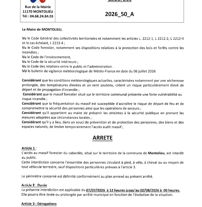 ARRETE PORTANT INTERDICTION TEMPORAIRE D&rsquo;ACCÉS AU MASSIF FORESTIERS