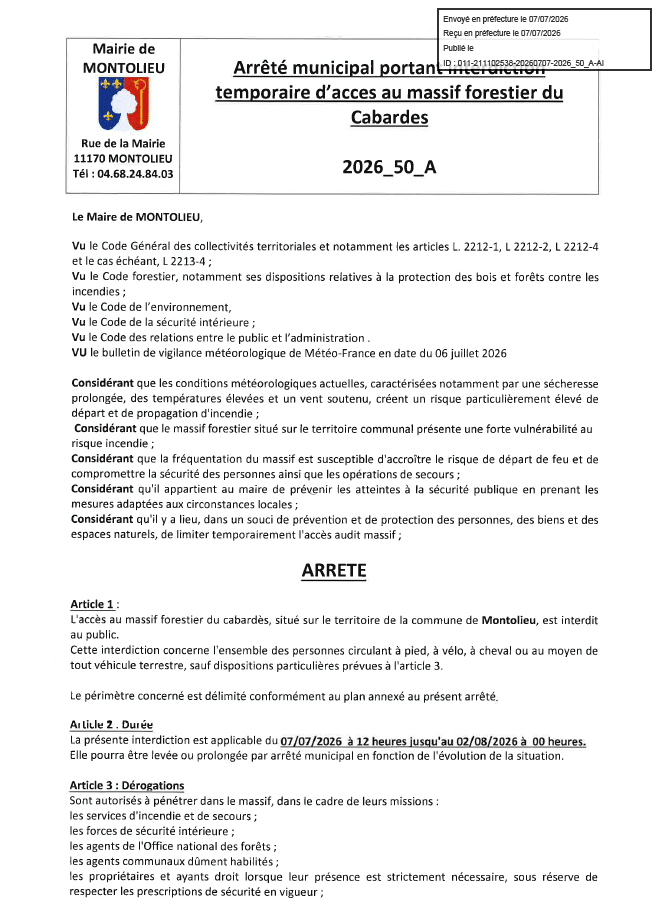 ARRETE PORTANT INTERDICTION TEMPORAIRE D&rsquo;ACCÉS AU MASSIF FORESTIERS