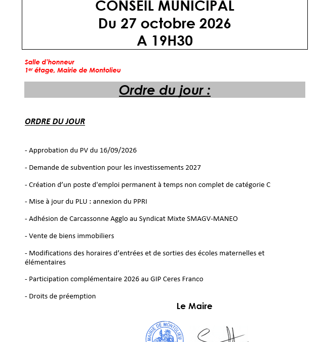 Conseil Municipal Mardi 27 octobre 2026
